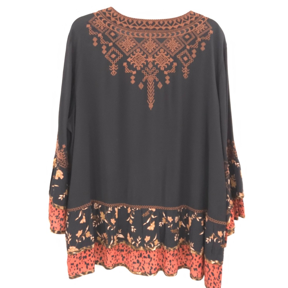 John Mark Embroidered Tunic Blouse Women 2X Black Mixed Print Boho Peasant Top - Picture 8 of 8